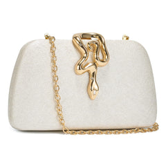 Elegant White Evening Clutch – Gold Snake Clasp Handbag for Women