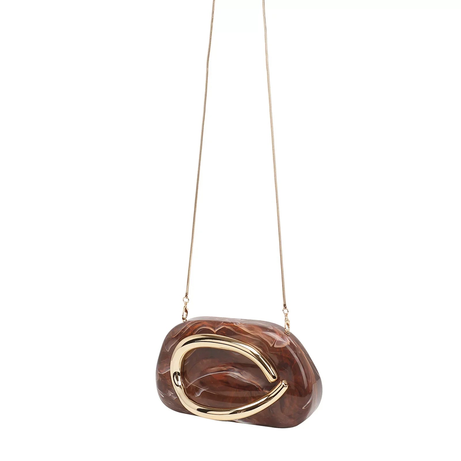 Elegant Brown Marble Acrylic Clutch Bag – Gold Handle Crossbody Purse for Women