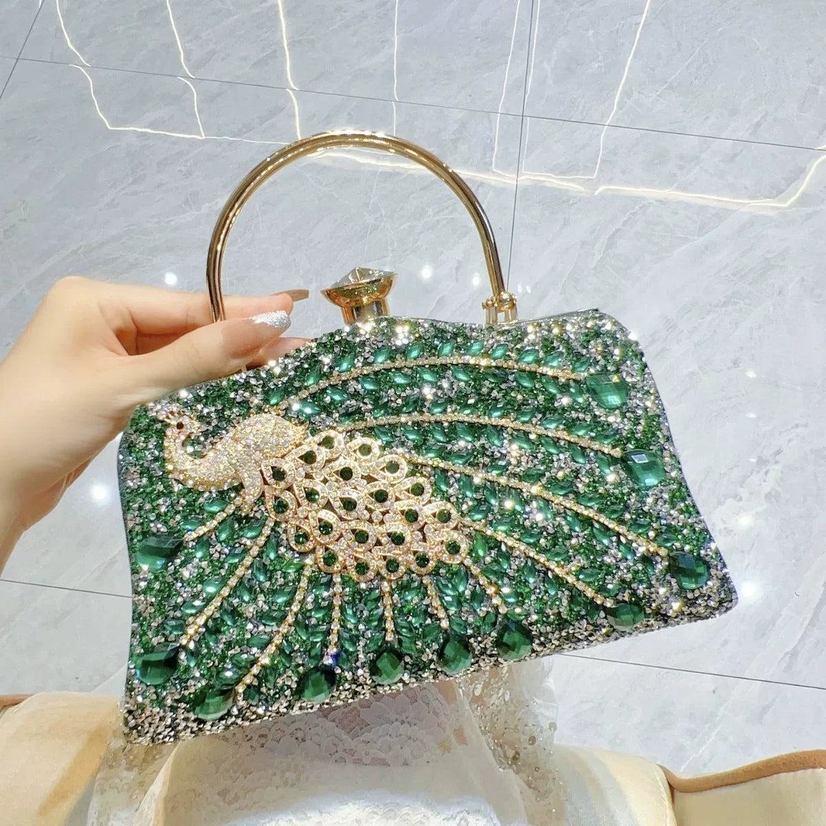 Peacock Rhinestone Evening Handbag for Women – Top Handle and Chain Strap Formal Clutch