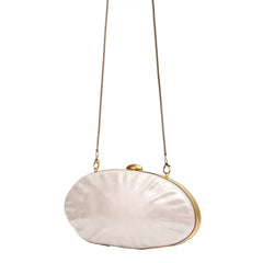 Elegant Pearl White Oval Evening Clutch – Gold Chain Shoulder Bag for Women
