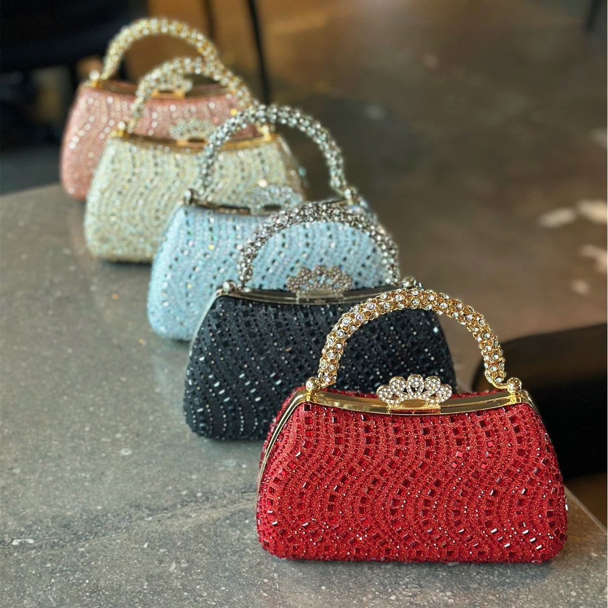 Elegant Pearl and Rhinestone Evening Bag – Beaded Handbag with Crown Handle for Women