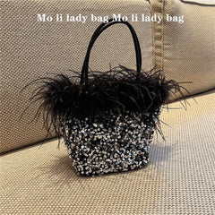 2025 Sequin Dinner Bag with Ostrich Feather - Handheld, Shoulder, and Crossbody Party Bag for Women