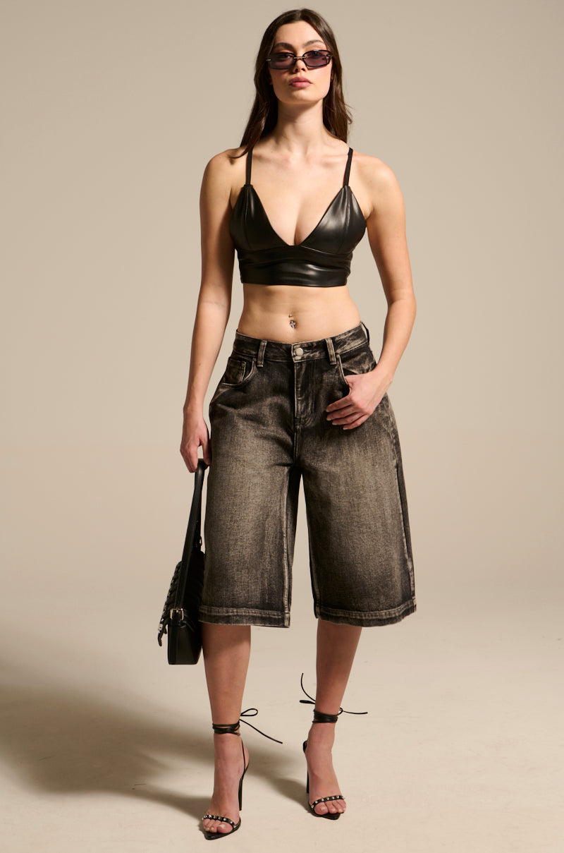 PAXTON SEXY FAUX LEATHER TRIANGLE LONGLINE BRALETTE