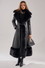VIVAN LONG PU TRENCH WITH FAUX FUR TRIM
