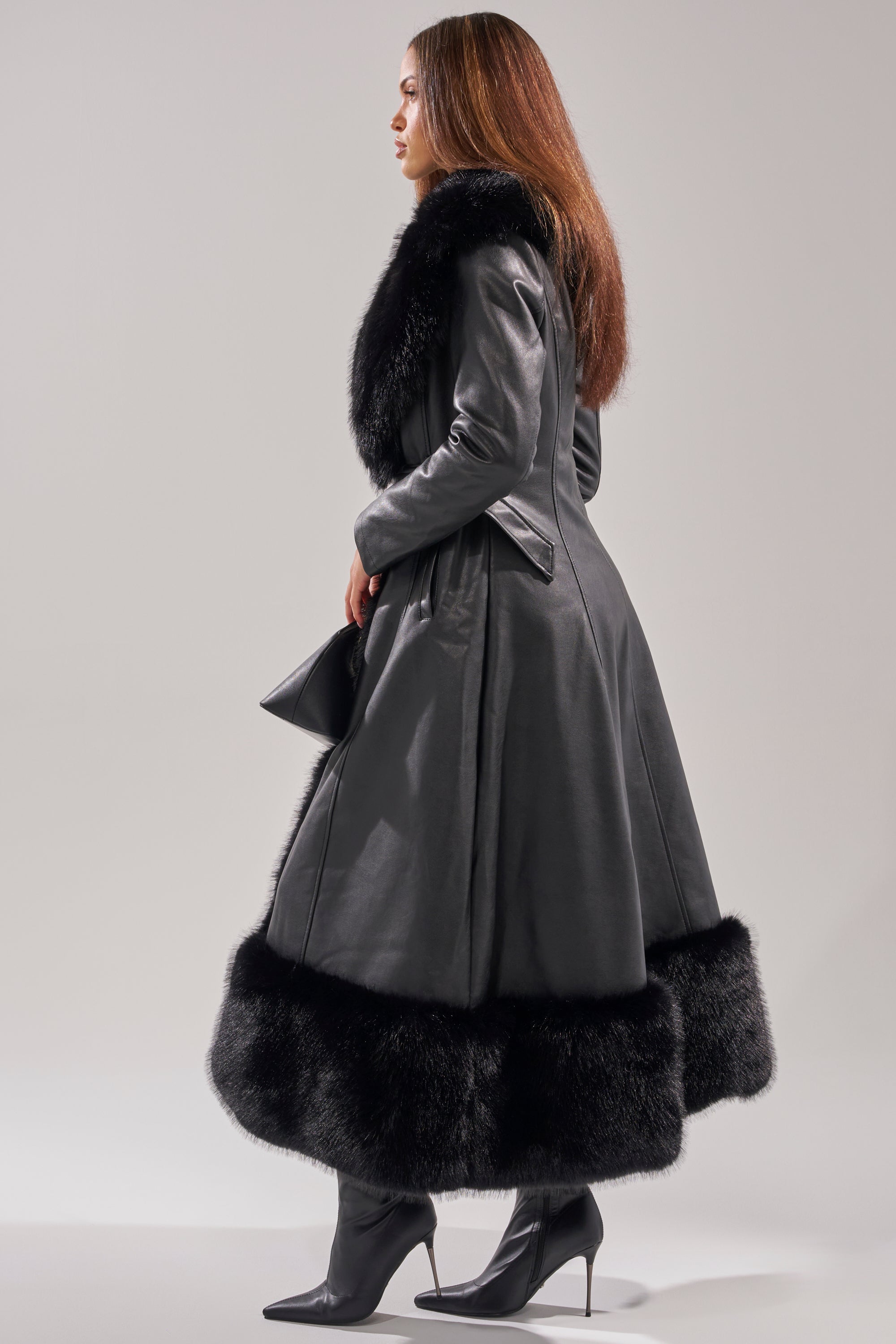 VIVAN LONG PU TRENCH WITH FAUX FUR TRIM