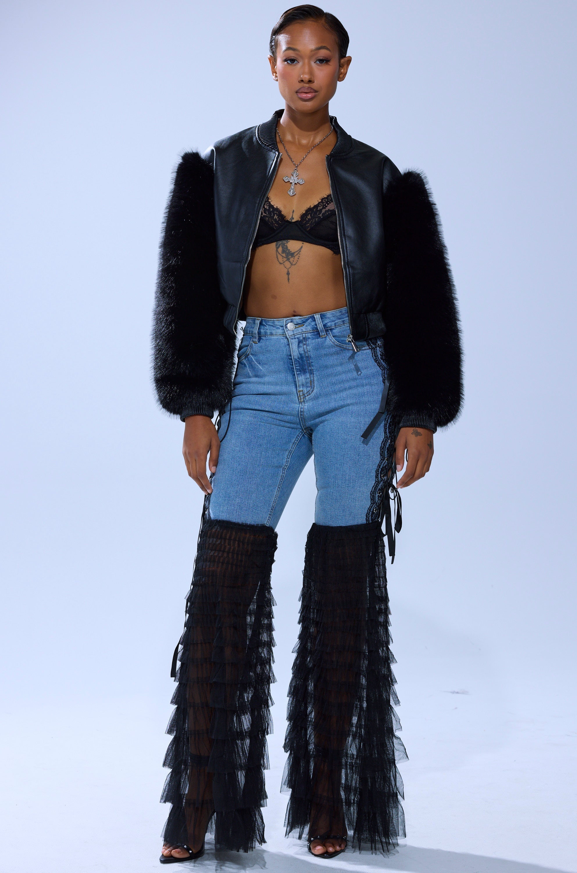 SO GOOD IT HURTS FUR SLEEVE BOMBER IN BLACK