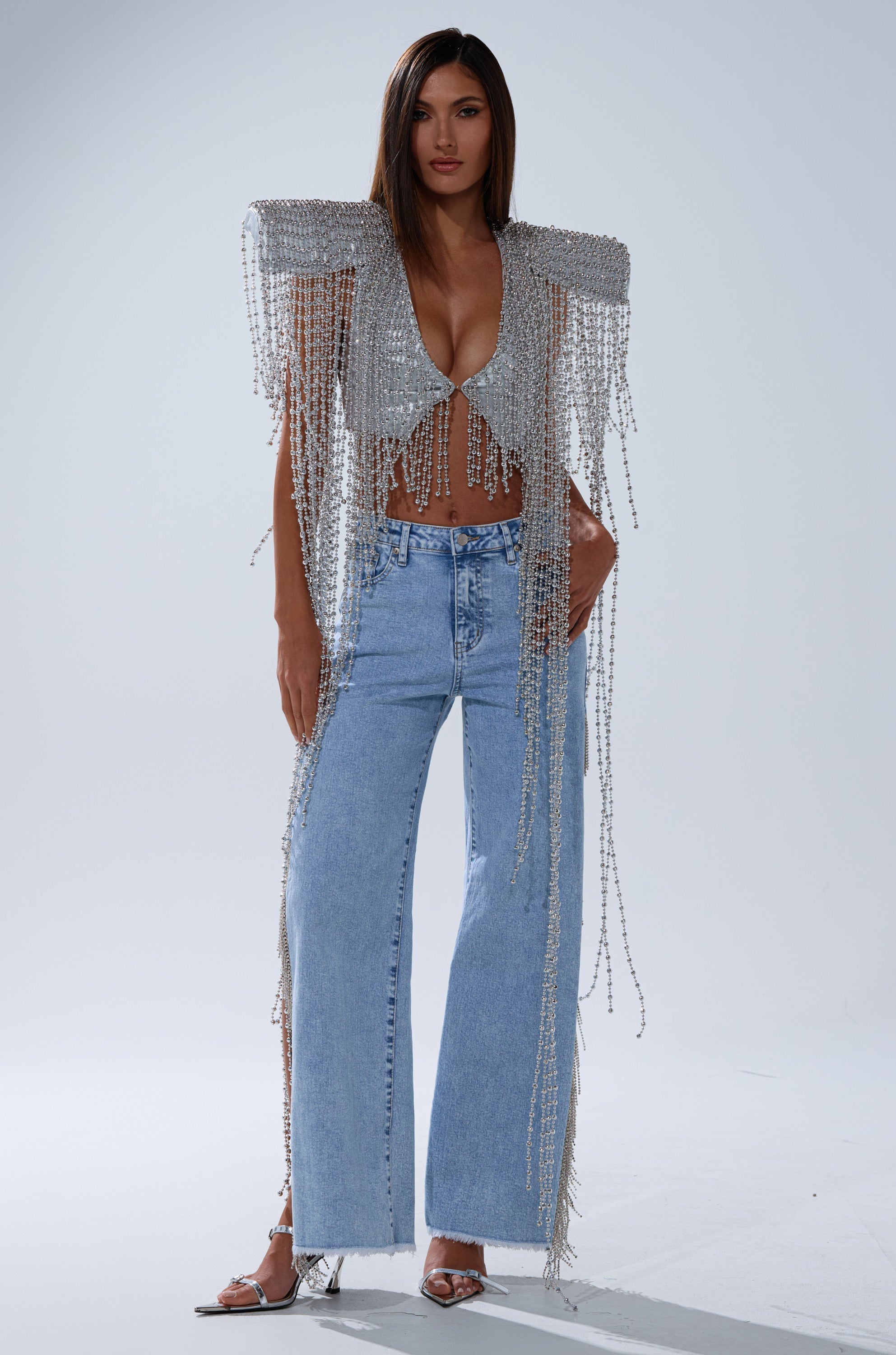 IN MY OWN LANE SILVER BEADED TOP