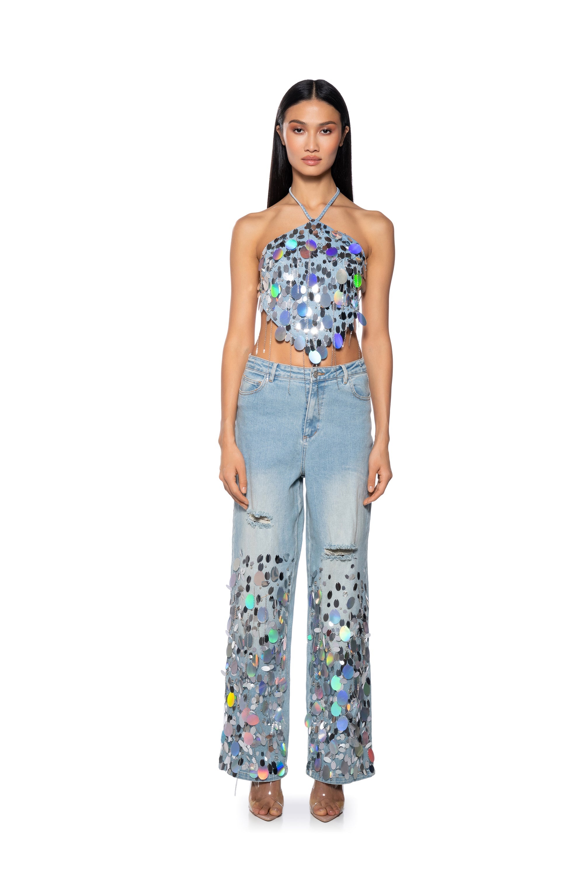 A GIRL NAMED LUCKY EMBELLISHED HALTER NECK TOP