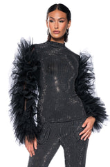 AFTER HOURS RHINESTONE EMBELLISHED TULLE SLEEVE TOP IN BLACK