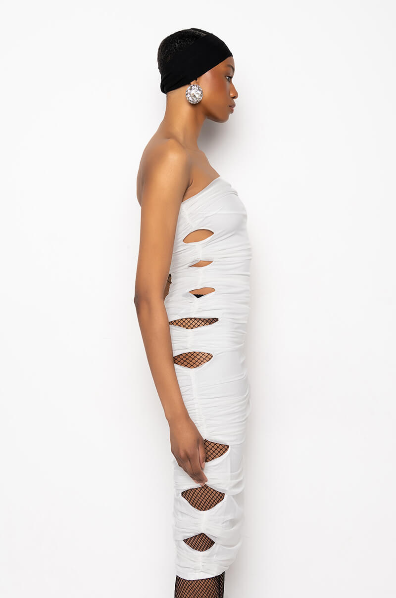 ALL RUCHED UP MESH MIDI TUBE DRESS