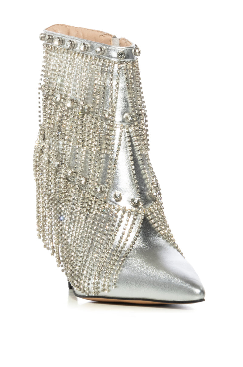 AZALEA WANG JAMILA DRIPPING DIAMONDS SILVER FRINGE BOOTIE