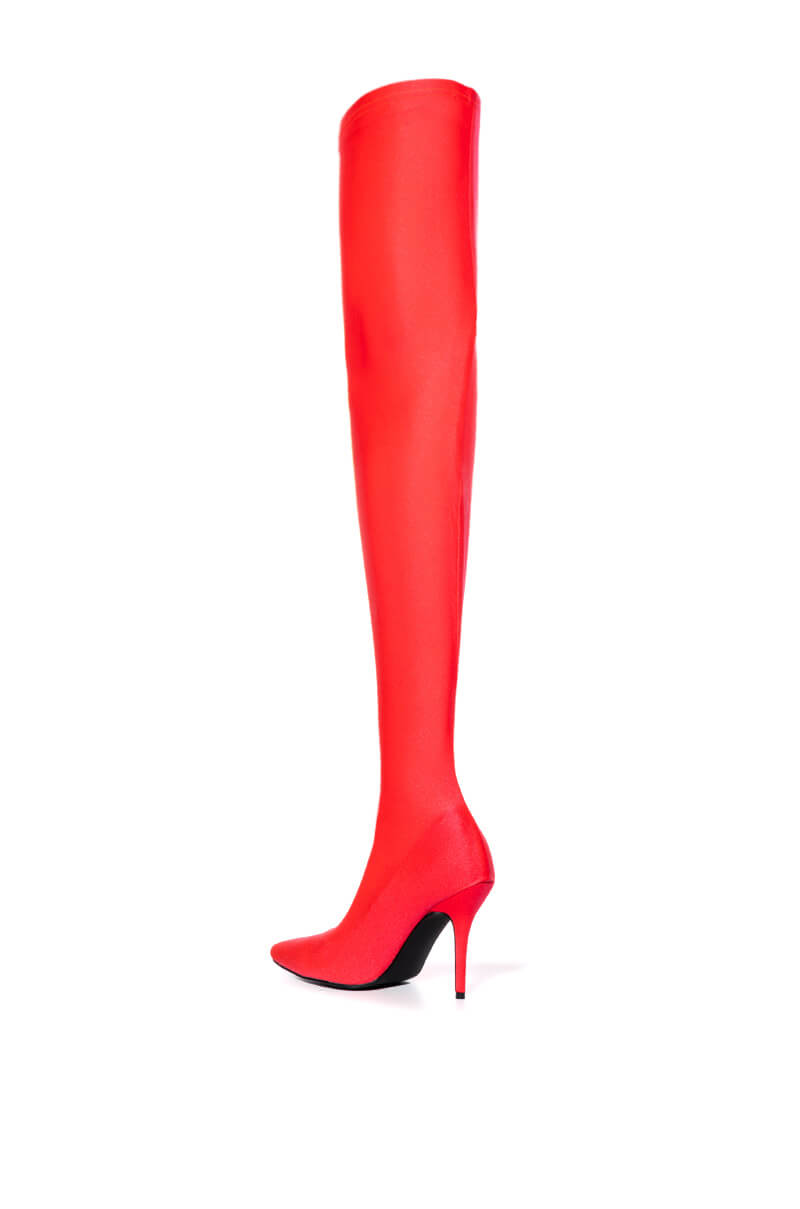AZALEA WANG LOVE STRUCK THIGH HIGH STILETTO BOOT IN RED STRETCH