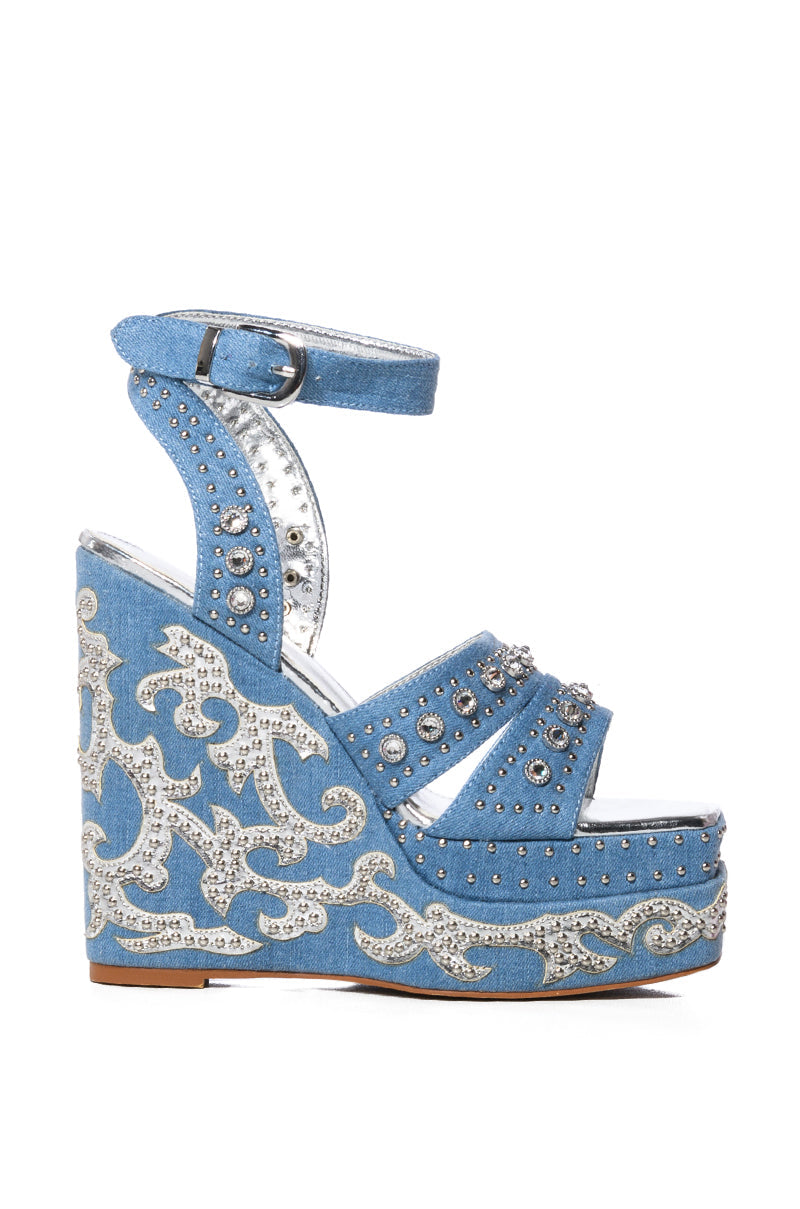 AZALEA WANG NUTMEG EMBELLISHED WEDGE HEEL SANDAL IN DENIM