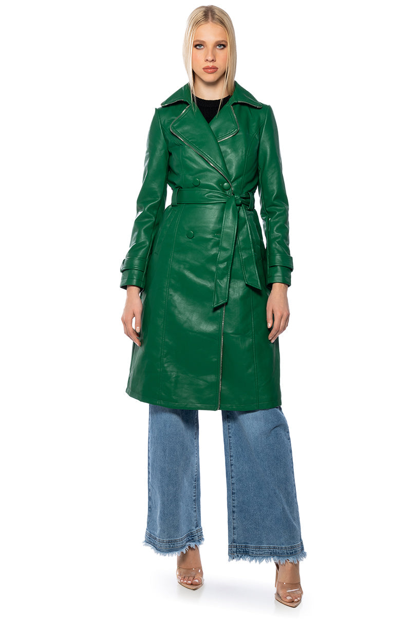 SANDO GREEN PLEATHER TRENCH COAT WITH ZIPPER TRIM