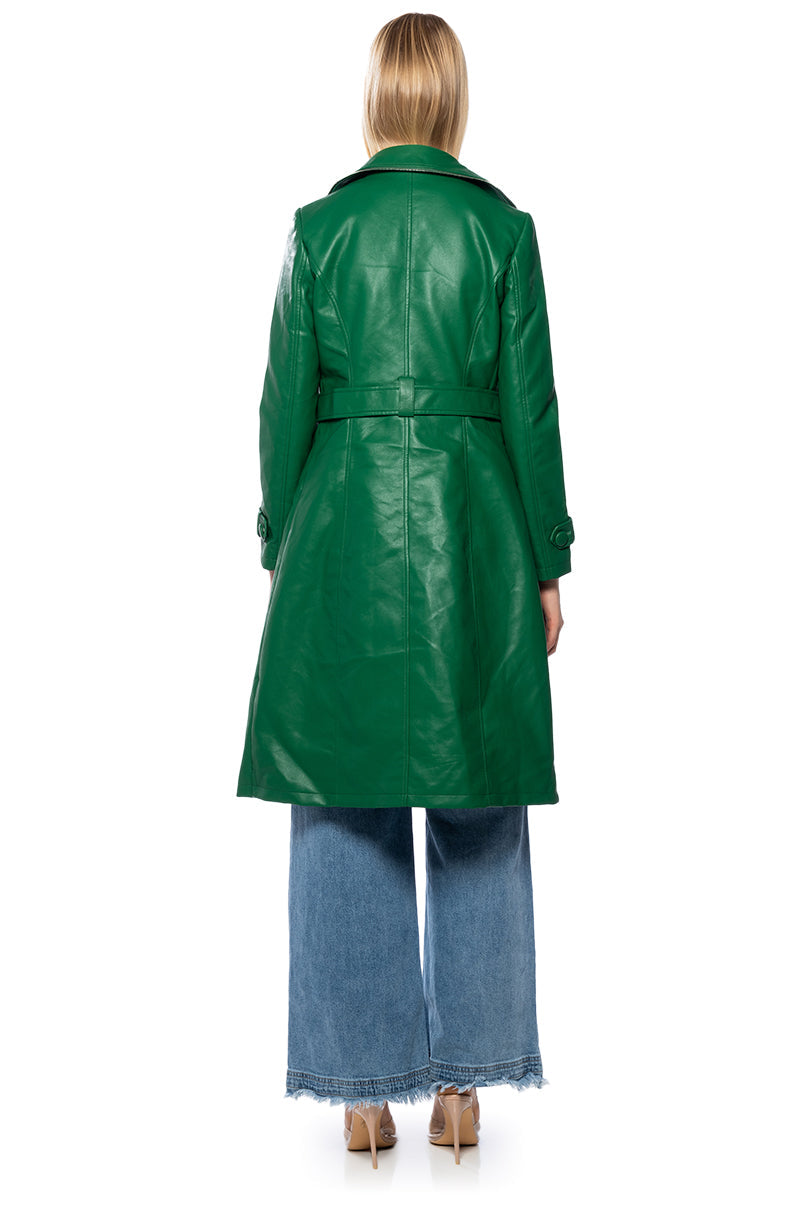 SANDO GREEN PLEATHER TRENCH COAT WITH ZIPPER TRIM