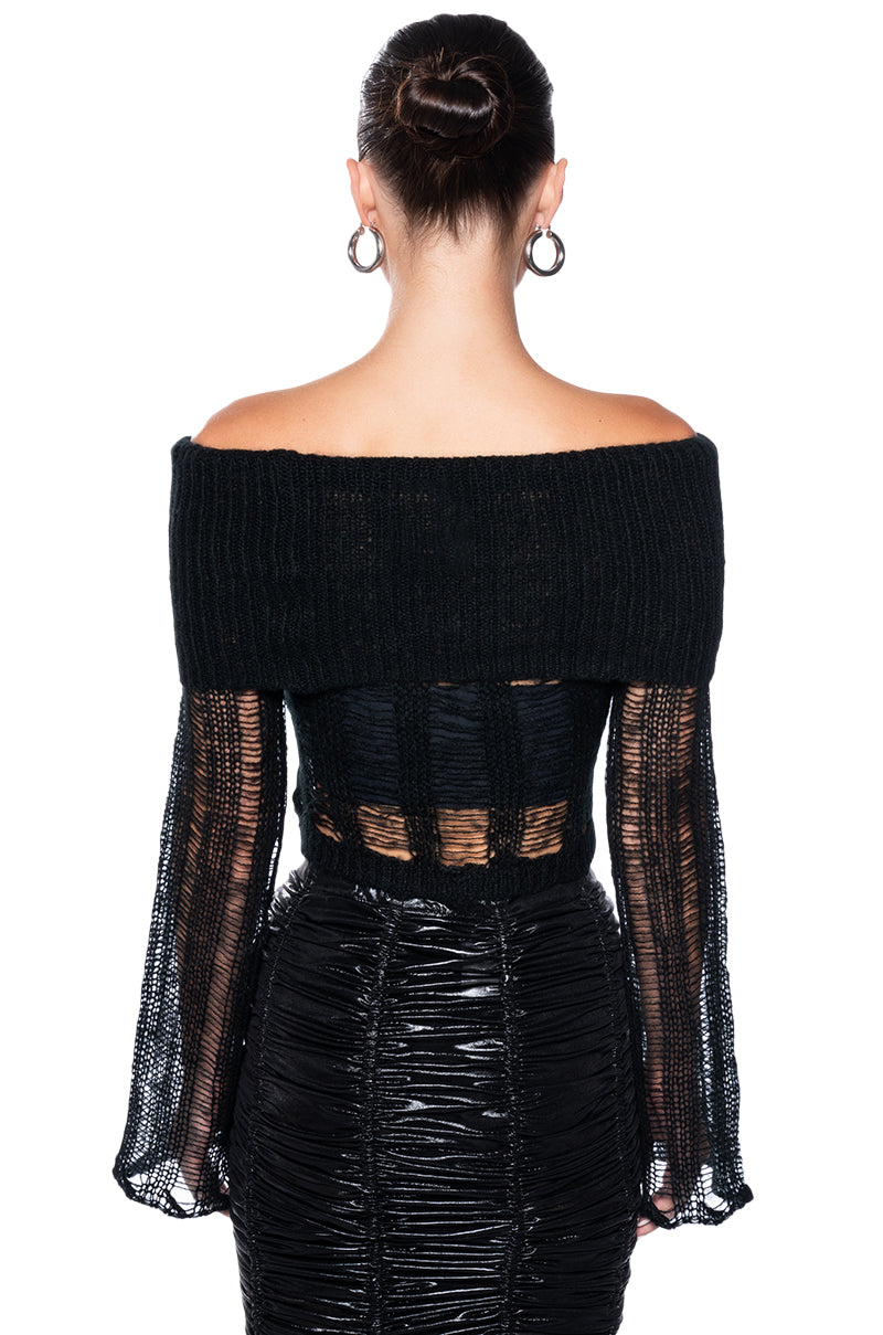 BAD INTENTIONS OFF THE SHOULDER DISTRESSED SWEATER