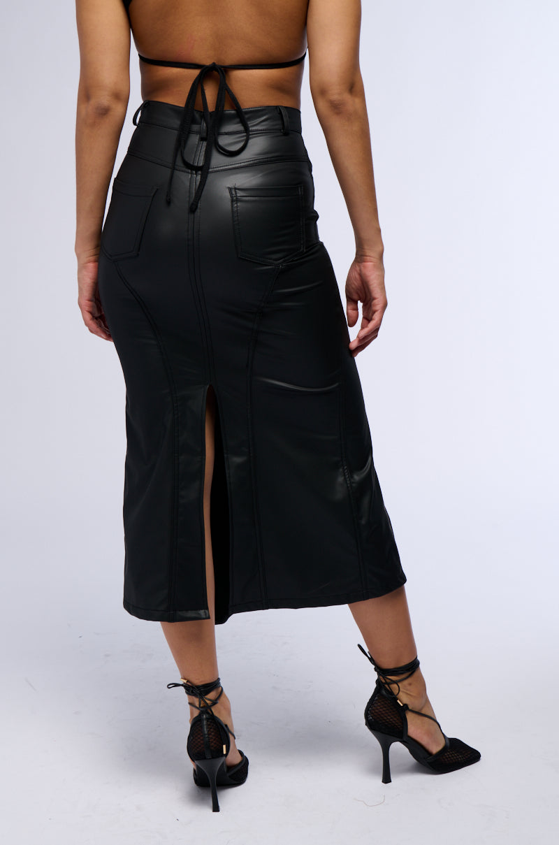 BITE ME ASYMMETRICAL FAUX LEATHER MIDI SKIRT