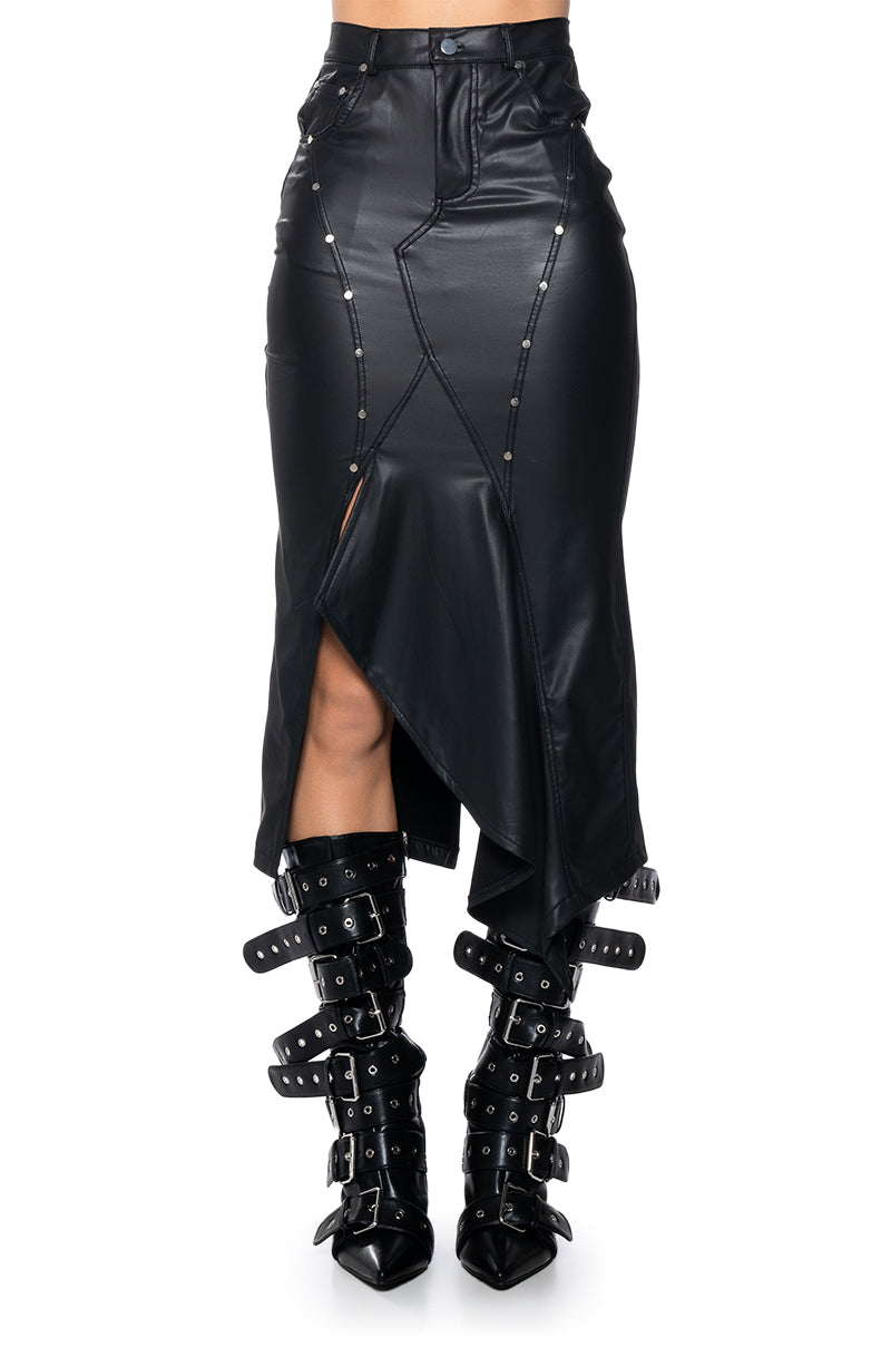 BITE ME ASYMMETRICAL FAUX LEATHER MIDI SKIRT