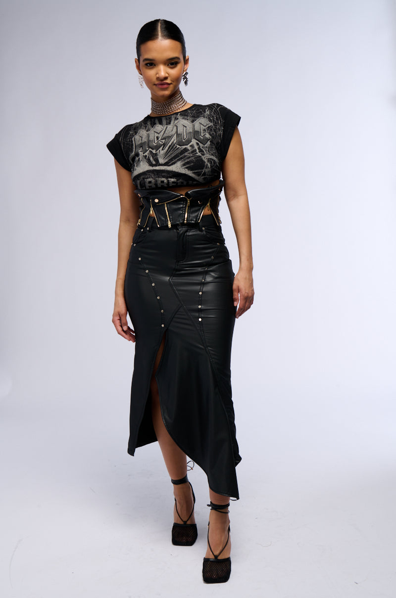 BITE ME ASYMMETRICAL FAUX LEATHER MIDI SKIRT
