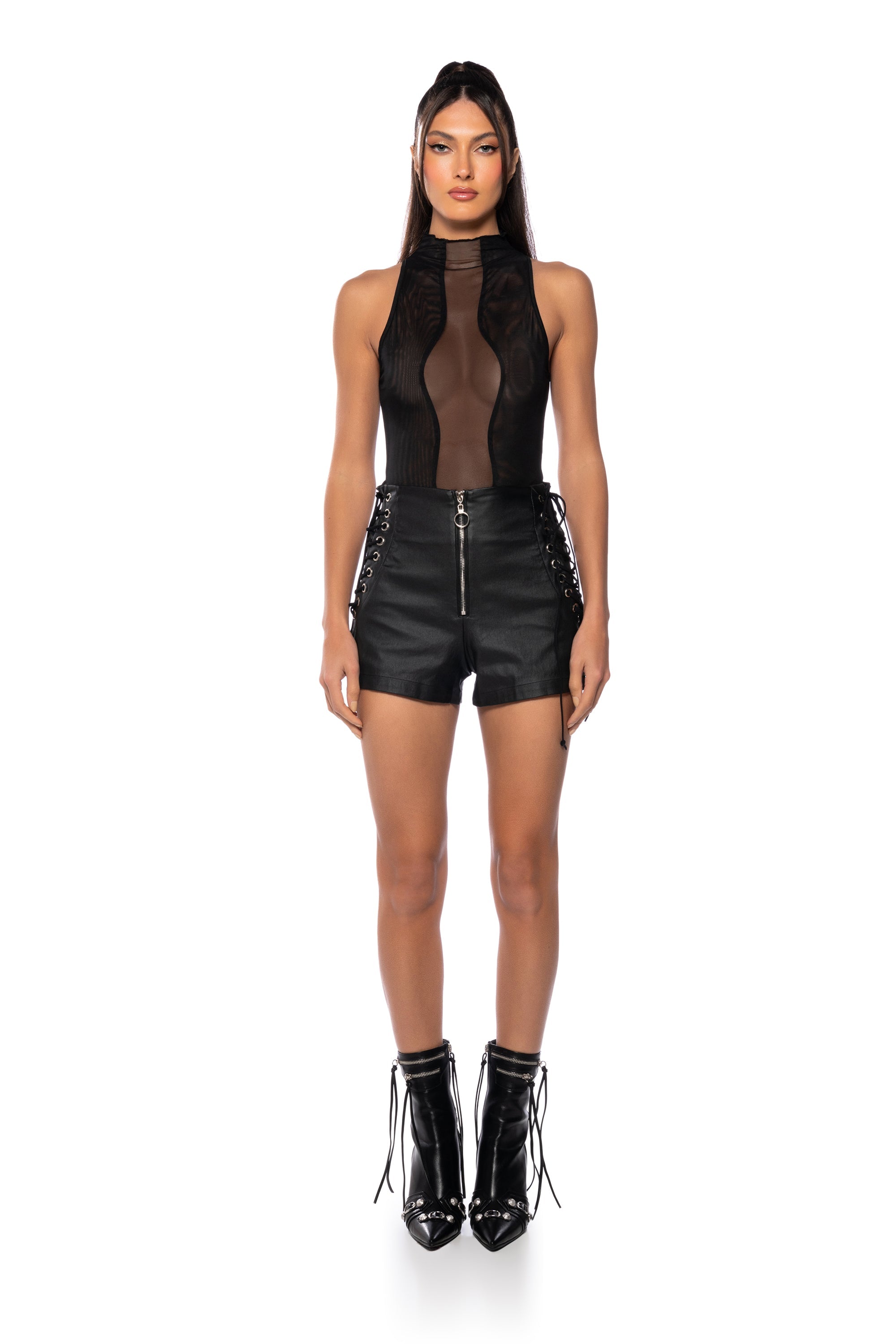 BODY LINES MESH MOCK NECK BODYSUIT