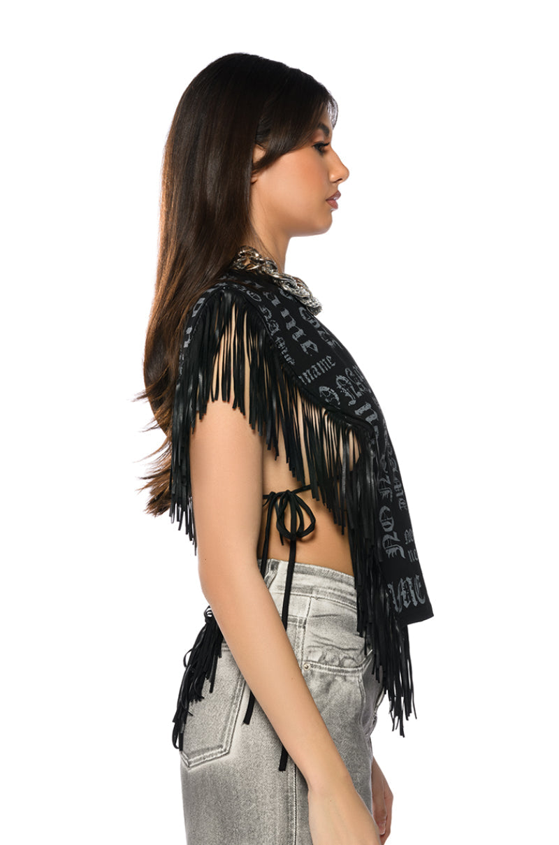 BROOKLYN GRAPHIC PRINTED FRINGE TRIM TSHIRT