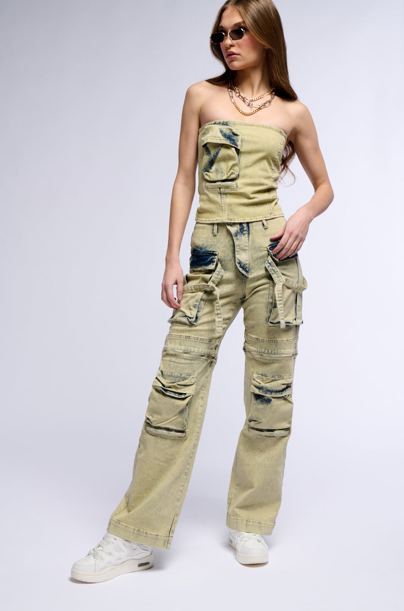 CAPRICE DISTRESSED DENIM CARGO CONVERTIBLE ZIP OFF PANT