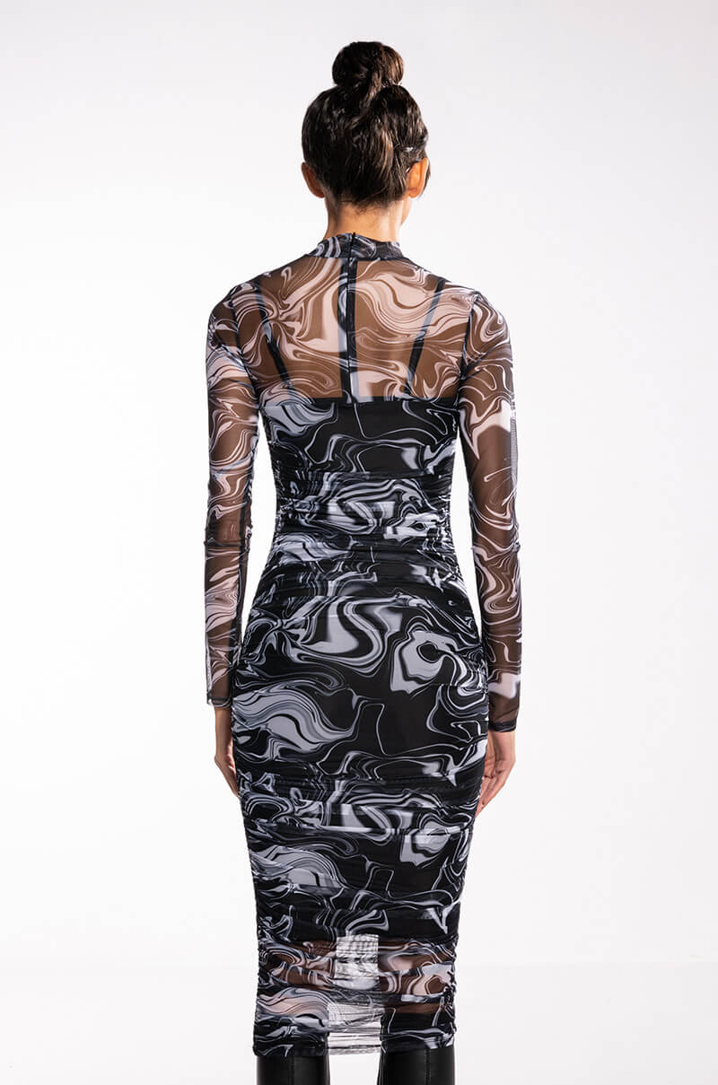 CONFIDENCE IS KEY LONG SLEEVE RUCHED MESH MIDI DRESS