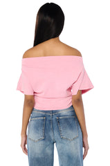 CRAZY IN LOVE SHORT SLEEVE OFF THE SHOULDER TSHIRT IN PINK