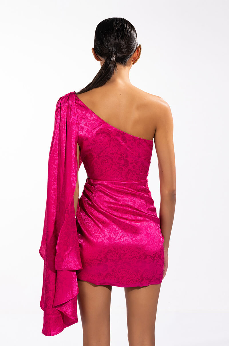 COME ON IT ONE SHOULDER CASCADING SATIN MINI DRESS
