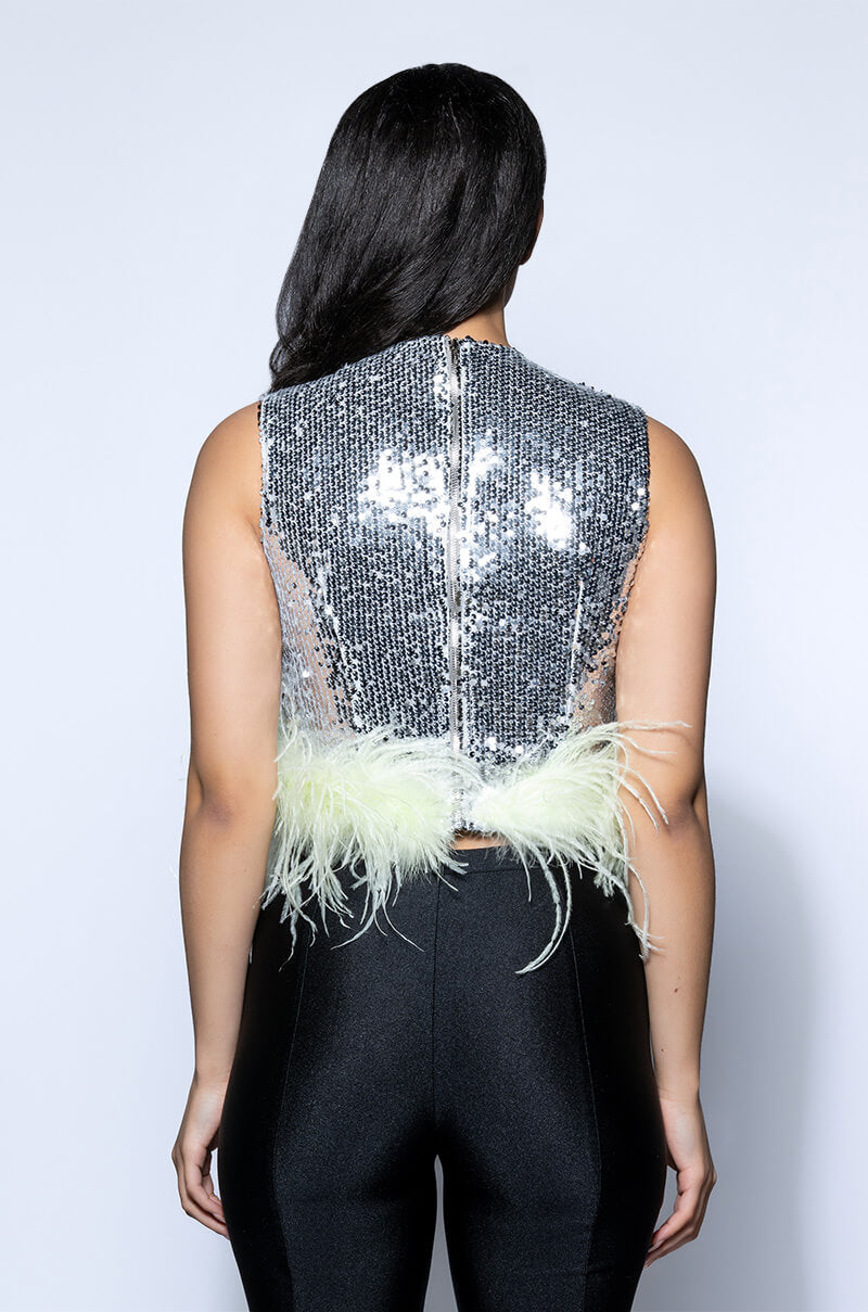 FEATHERED DISCO BALL SLEEVELESS TOP