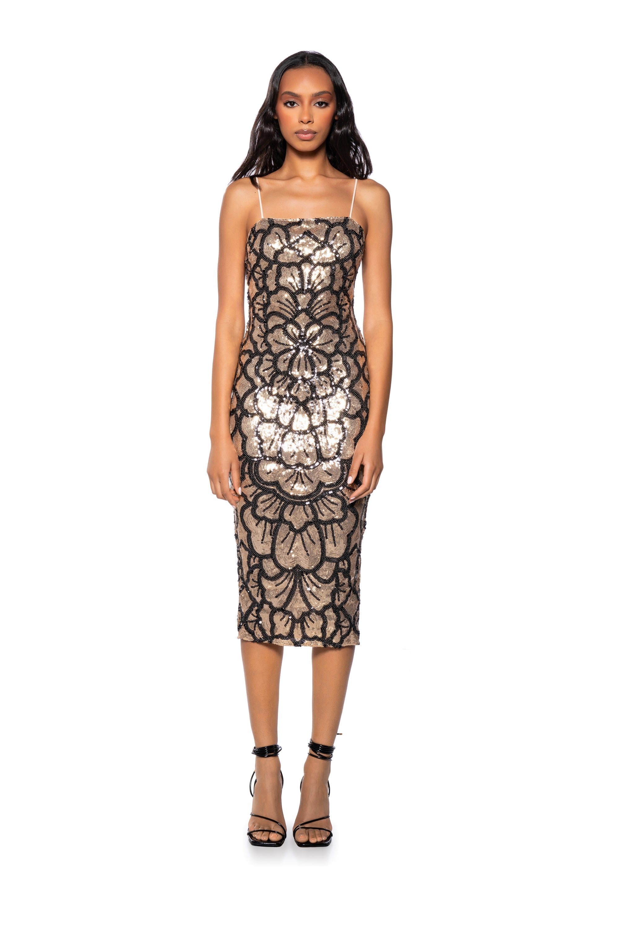 FIRST LOOK SEQUIN MIDI DRESS