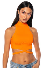 SLEEVELESS MOCK NECK TIE FRONT TOP
