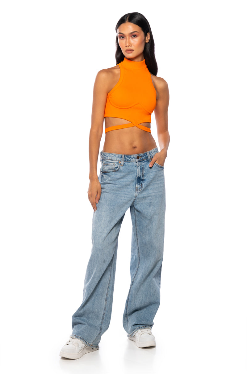 SLEEVELESS MOCK NECK TIE FRONT TOP