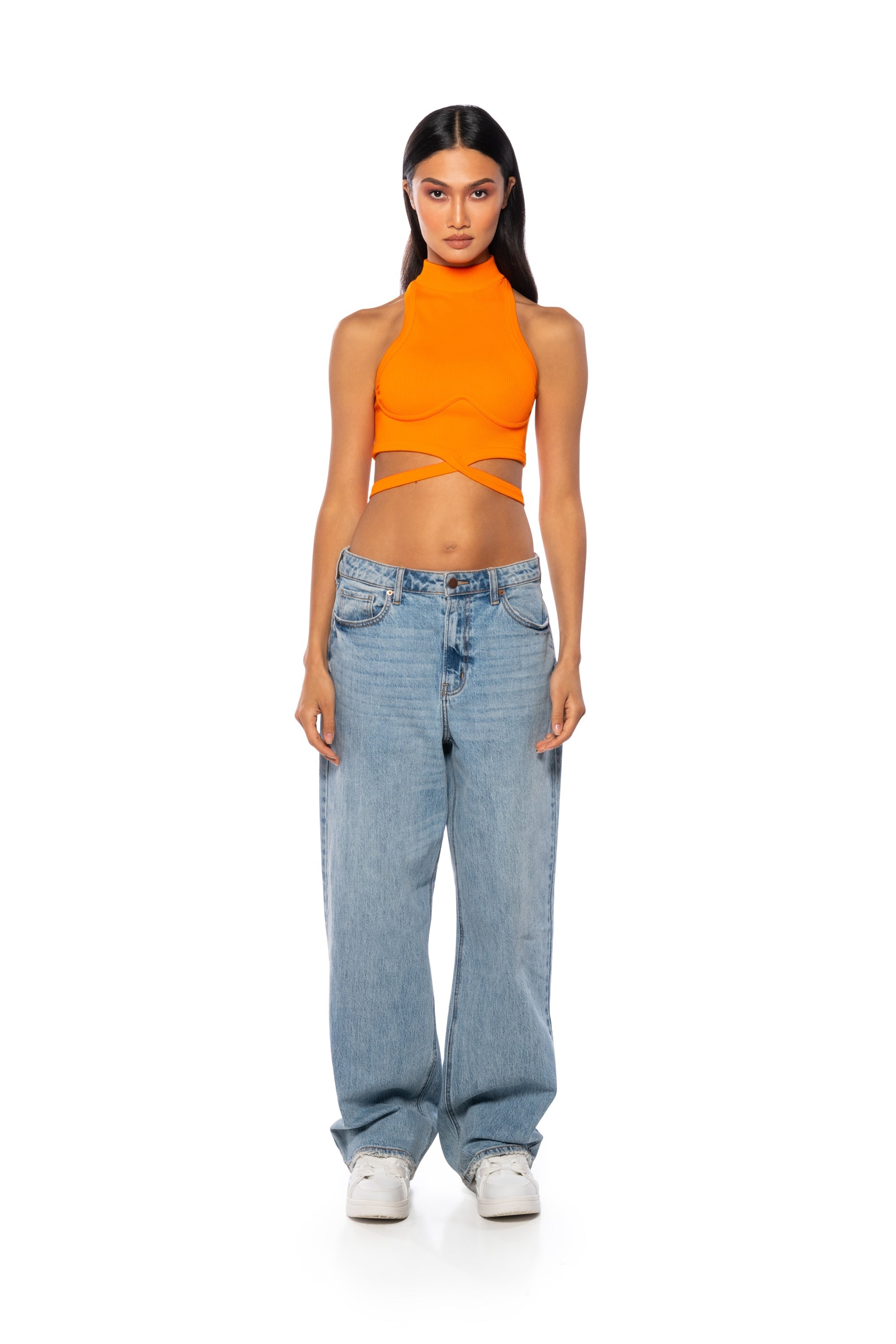 SLEEVELESS MOCK NECK TIE FRONT TOP