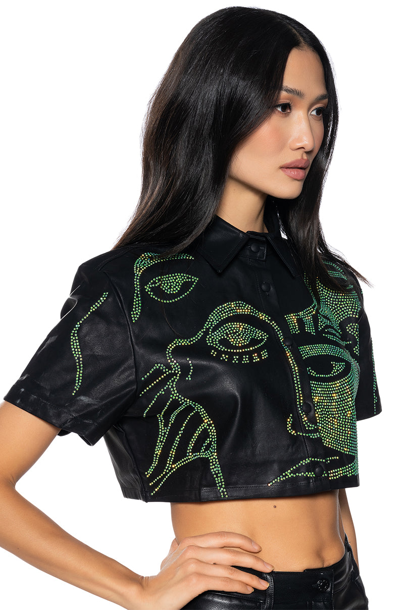 GIVING FACE CROPPED FAUX LEATHER BUTTON DOWN TOP