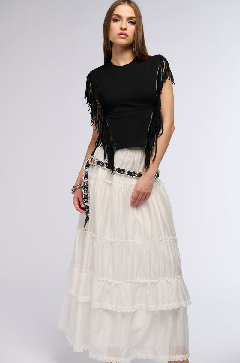 GRUNGE GIRL FAUX LEATHER FRINGE TSHIRT