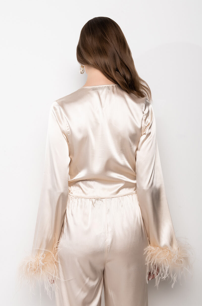 HIDDEN AGENDA FEATHER DETAIL SATIN TIE FRONT BLOUSE