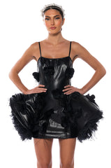 IN BLOOM VEGAN LEATHER FLARED MINI DRESS