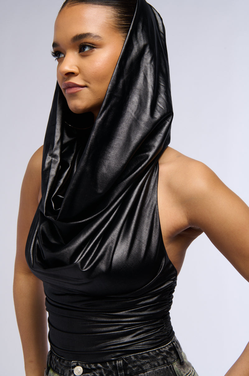INTO THE NIGHT HOODED SLICK KNIT RUCHED BODYSUIT
