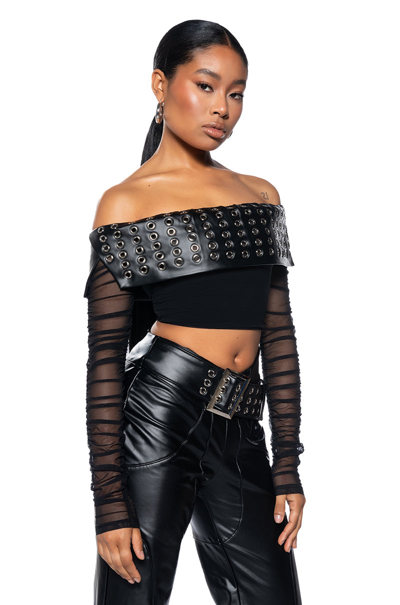 INVEST IN ME FAUX LEATHER OFF THE SHOULDER MESH TOP