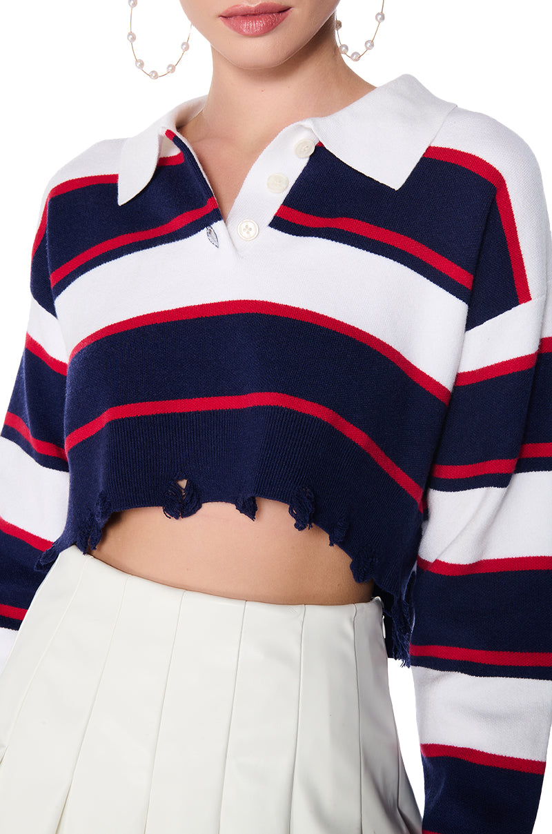 JULIAN DISTRESSED CROPPED BUTTON DOWN SWEATER