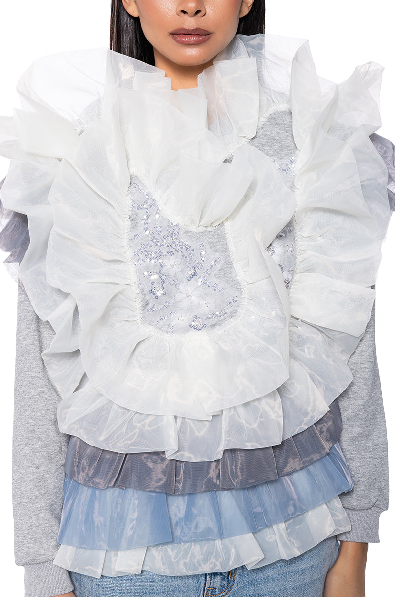 LAYERED TULLE FLOUNCE DETAIL SWEATSHIRT