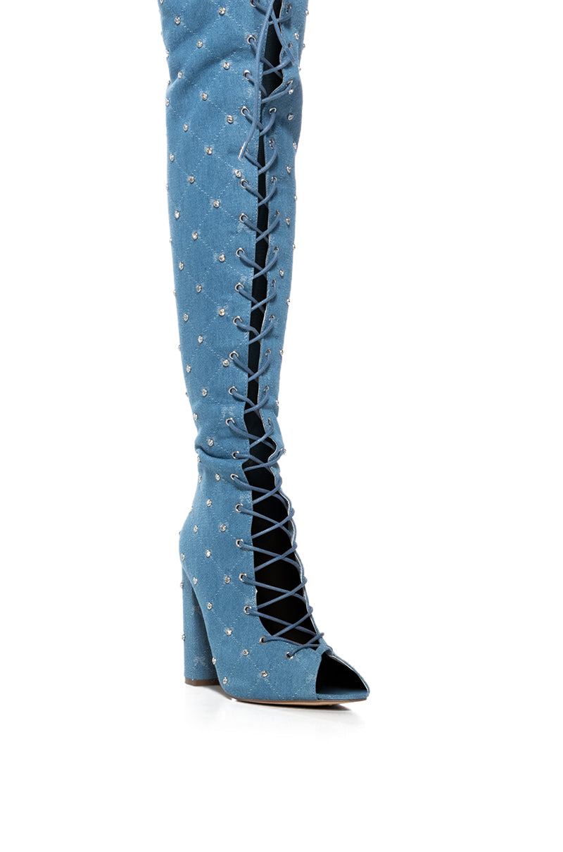LIVING LEGEND LACE UP OPEN TOE THIGH HIGH BOOT IN DENIM