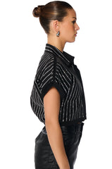MAFIOSA RHINESTONE STRIPE CROPPED BUTTON DOWN