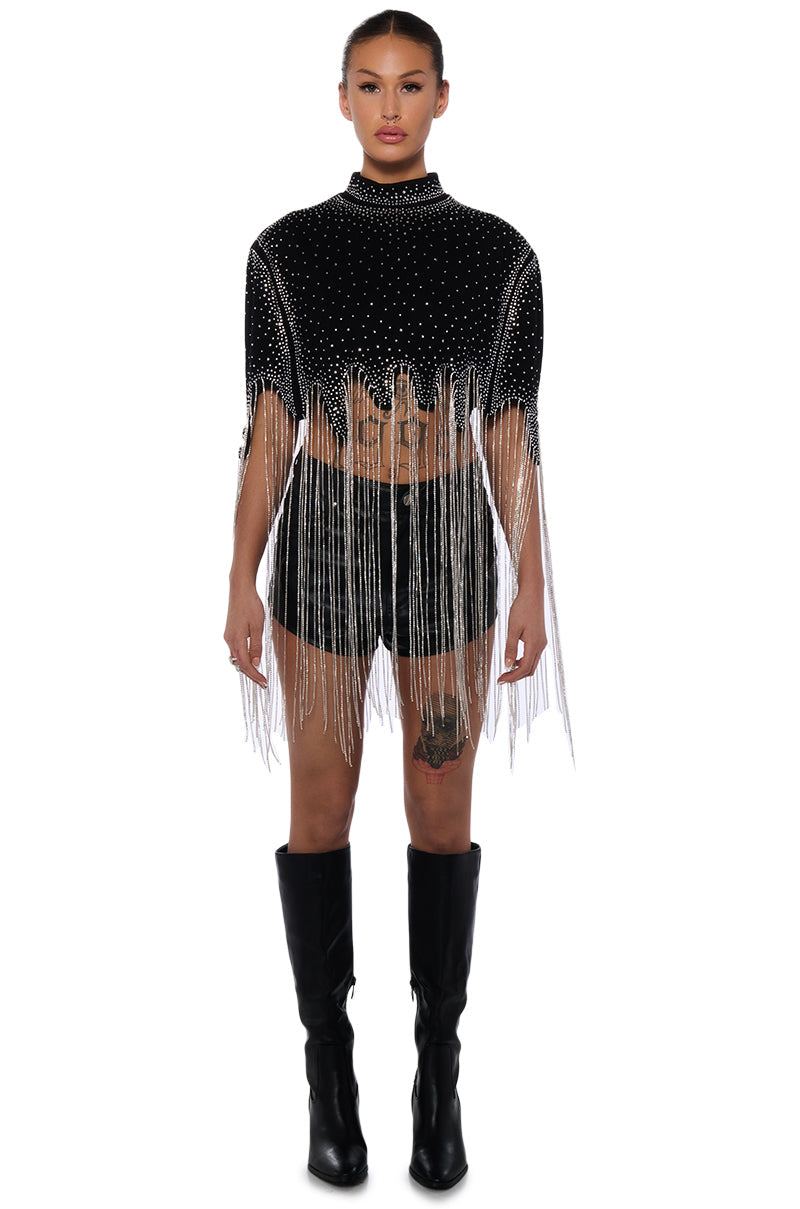 MEET IN THE LIGHT RHINESTONE FRINGE CROPPED CAPE