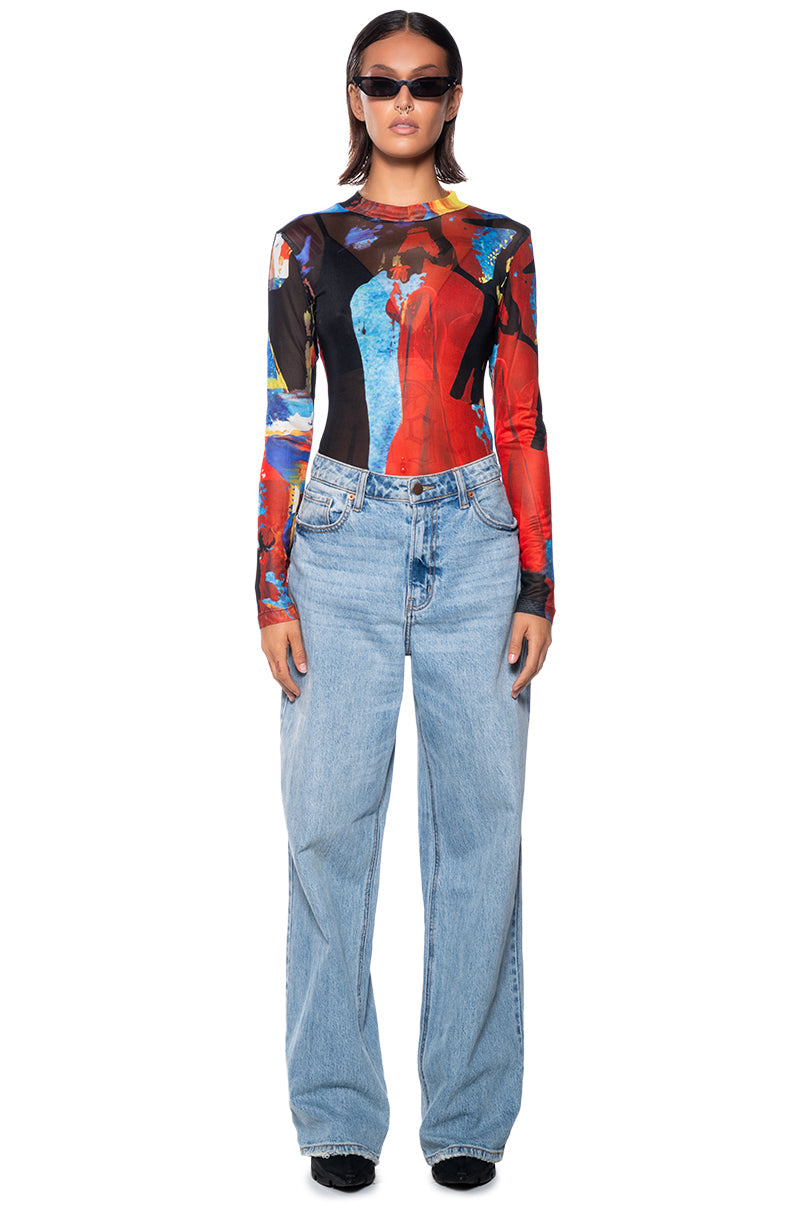 MODERN ART LONG SLEEVE MESH MOCK NECK BODYSUIT