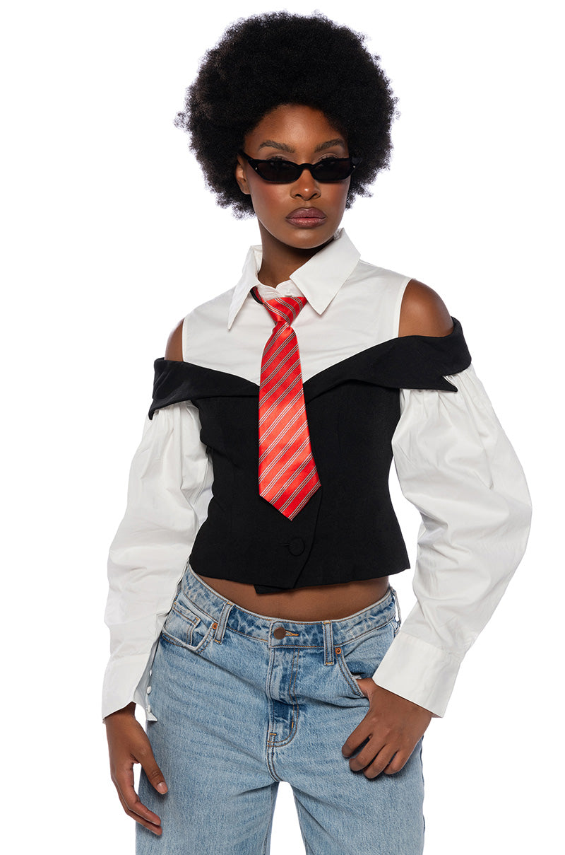 NEVER MISS A BEAT TIE DETAIL POPLIN TOP