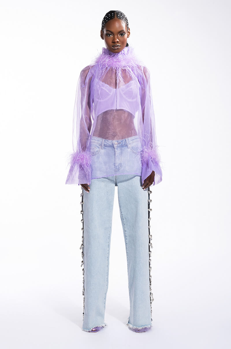 NICE TO MEET YOU FEATHER TRIM LONG SLEEVE ORGANZA BLOUSE