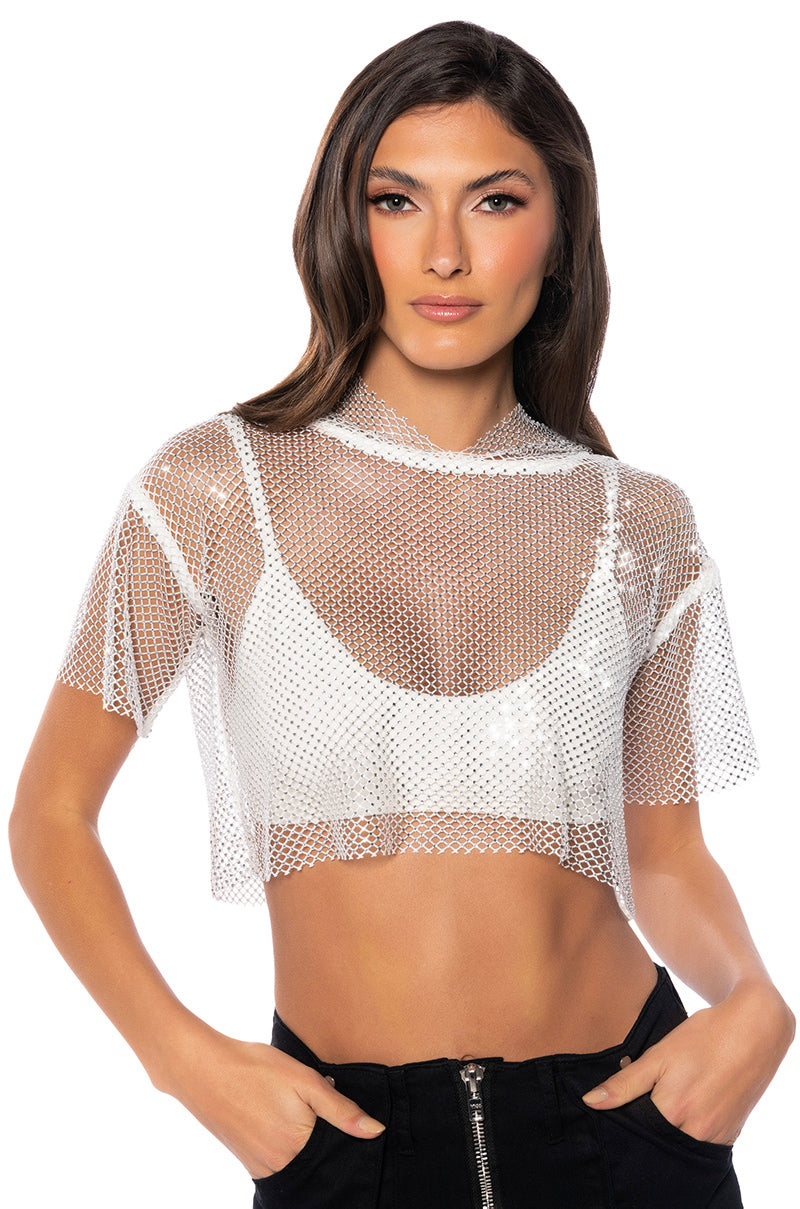 NORTH STAR RHINESTONE MESH HOODED CROP TOP IN WHITE