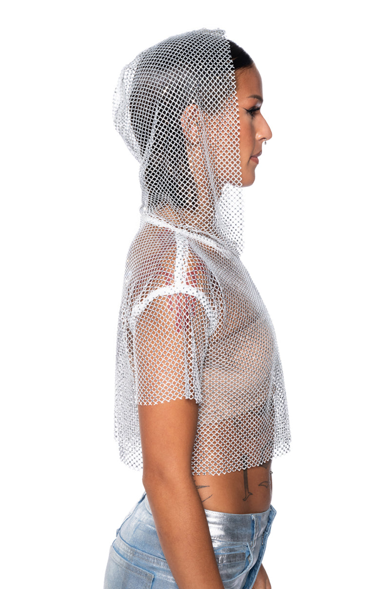 NORTH STAR RHINESTONE MESH HOODED CROP TOP IN WHITE